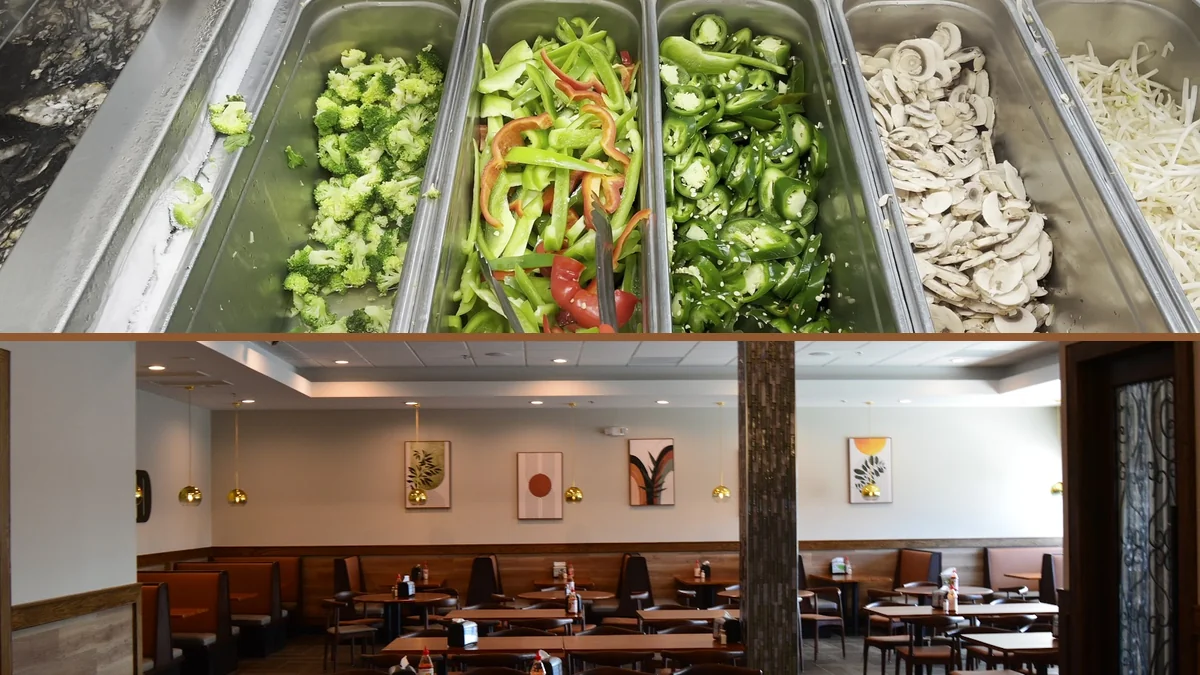 Self-serve buffet counters with Chinese dishes.