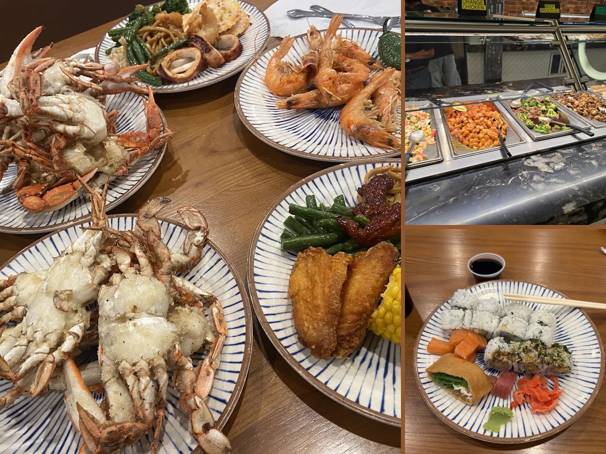 Tray-lined buffet setup for lunch service.