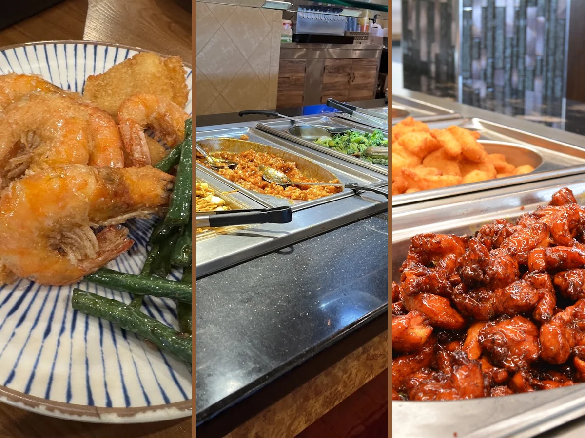Self-serve buffet counters with Chinese dishes.